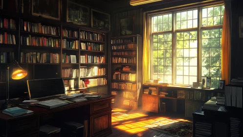Luminous bibliographic study with volumetric daylight rendering.