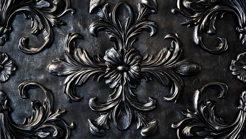 Ornate black metal relief with symmetrical floral scrollwork.