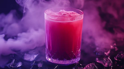 Cocktail with ice in illuminated purple atmospheric environment
