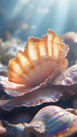 Photorealistic open seashell with radiant backlighting study.