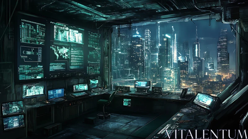Cyberpunk command center overlooking neon city skyline.