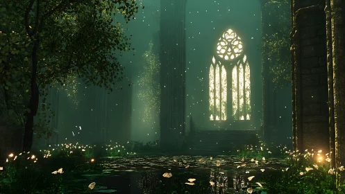 Enchanted forest cathedral glows with ethereal emerald light