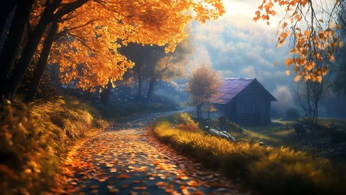 Autumn forest lane curving toward rustic wooden cottage at dawn.