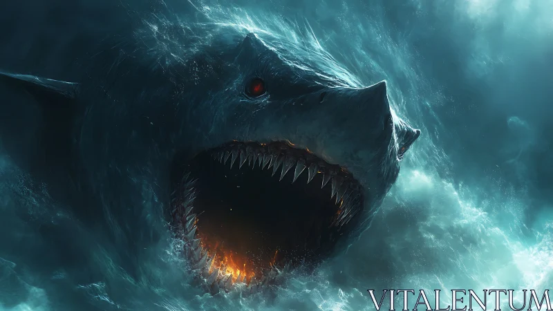 Gigantic predatory sea creature with open fiery maw.