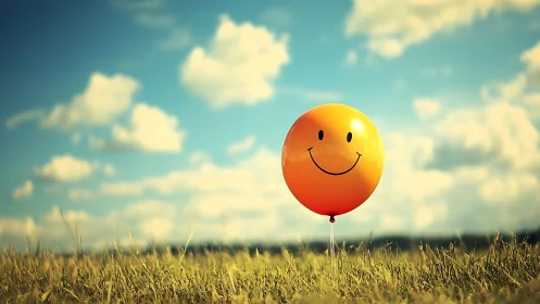 Smiling orange balloon brightens a sunlit summer field