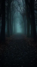 Atmospheric Forest Corridor: Misty Woodland Path in Diminishing Perspective.