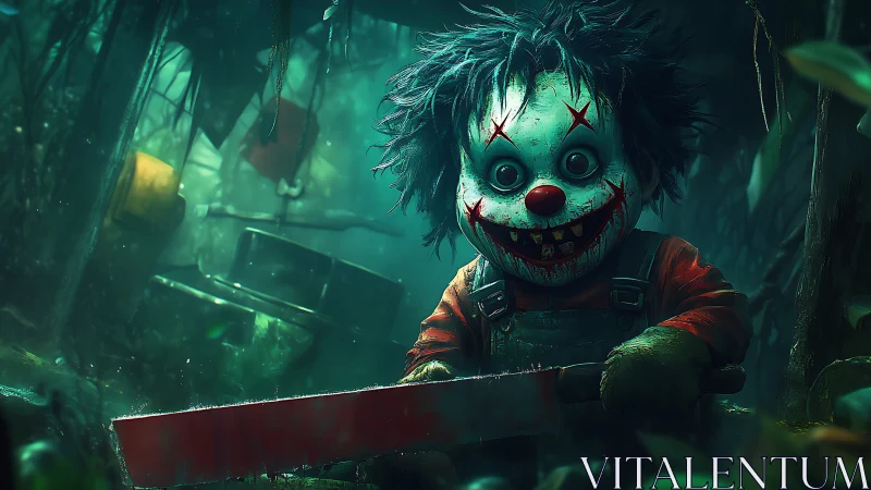 Nightmarish toy clown with machete in overgrown jungle ruin