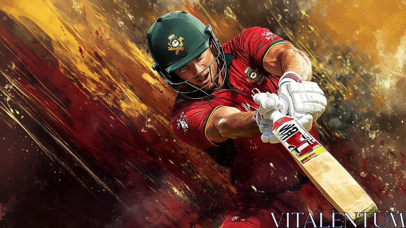 Cricketer drives the ball through a blazing abstract arena