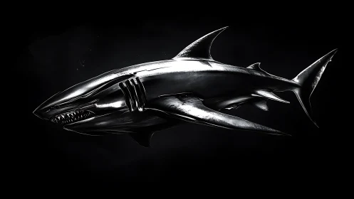 Cybernetic chrome shark glides through a void of darkness.