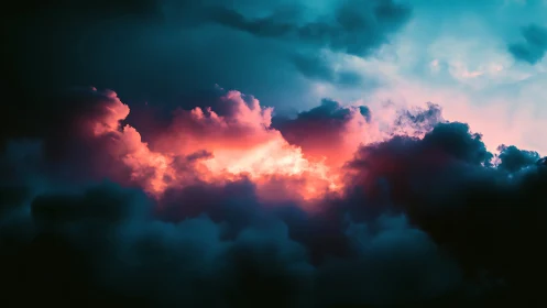 Vivid pink and teal storm clouds in dramatic sky scene.
