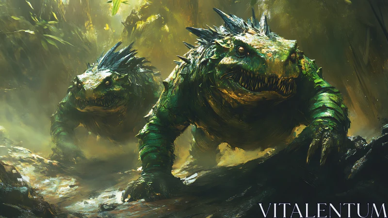 Twin reptilian beasts prowl through misty jungle ravine