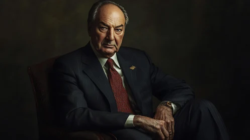 Steel-eyed elder in a dark suit throne of quiet authority.
