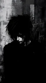 Silhouetted figure merges with rough monochrome textured wall