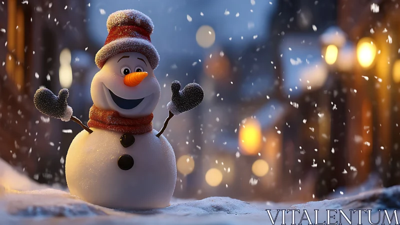 Smiling winter snowman greeting a cozy, snowy street.