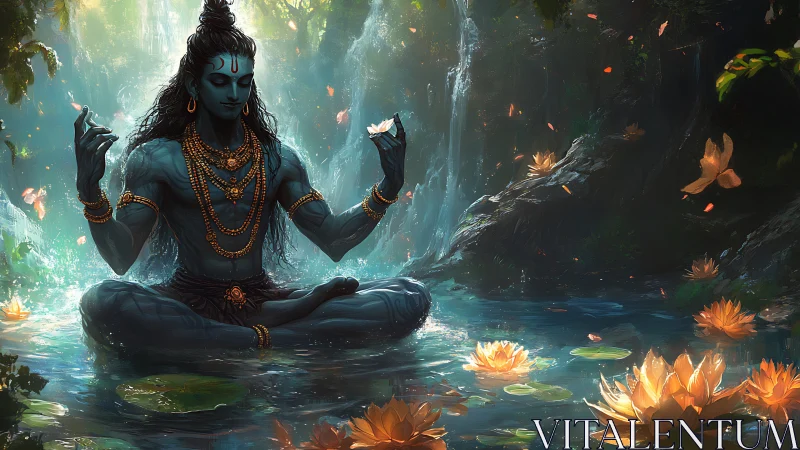 Blue-skinned meditative figure sits in lotus within forest pool