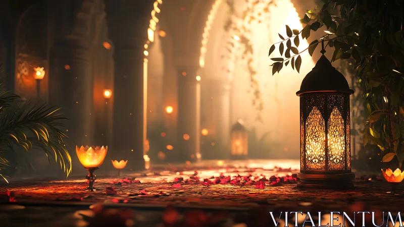 Ornate lanterns glow softly in a mystical courtyard at dusk.