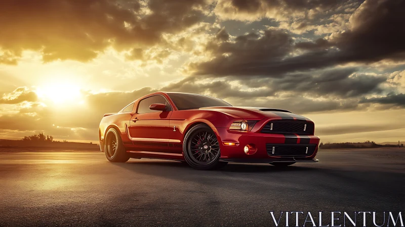 Red muscle car parked on open road at sunset scene.