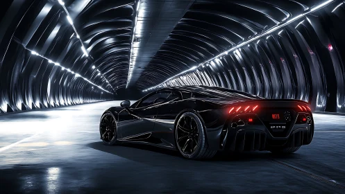 Black sports car in illuminated tunnel with reflective walls.
