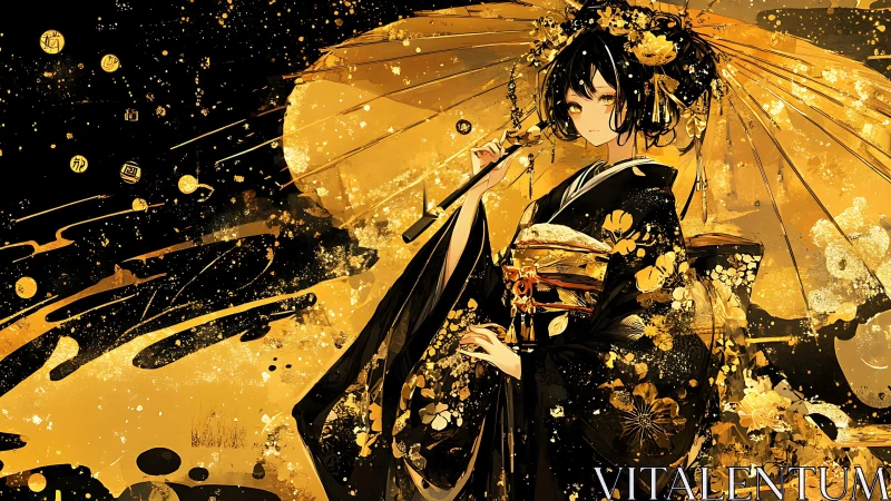 Digital illustration depicts kimono figure with parasol