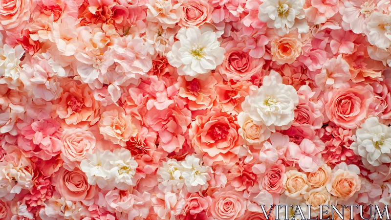 Dense floral arrangement with layered roses, dahlias, and complementary blooms.