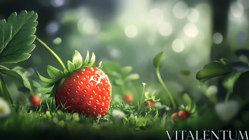 Sunlit woodland strawberry resting in dreamy forest grass.