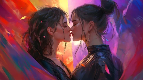 Two figures in profile with chromatic gradient background composition.