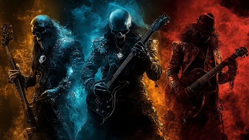 Fiery skull rock trio riding waves of blue, red and gold smoke.