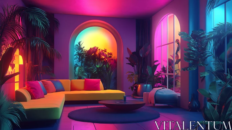 Neon jungle lounge hums softly beneath tropical twilight