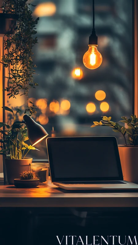 Warm bokeh-lit home workspace with laptop and indoor plants