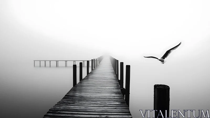 Wooden pier extends into dense fog as lone gull flies