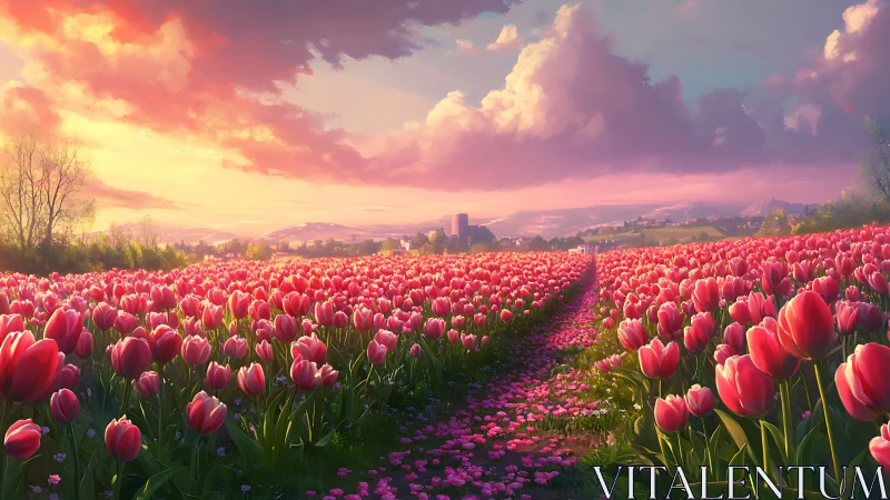 Pink tulip fields glow under luminous sunset sky.