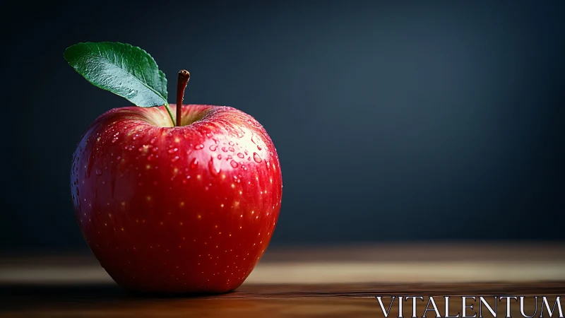 Macro-lit red apple with surface droplets on wood tabletop.