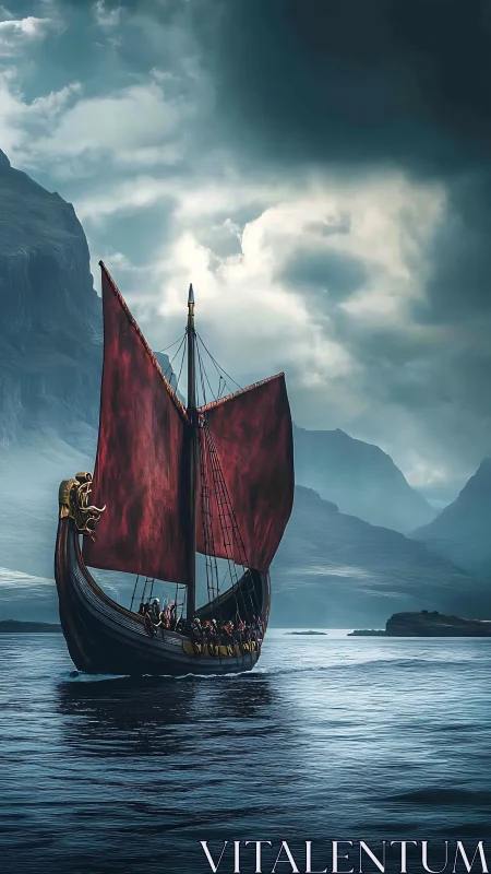 Viking longship with crimson square sail crossing misty fjord
