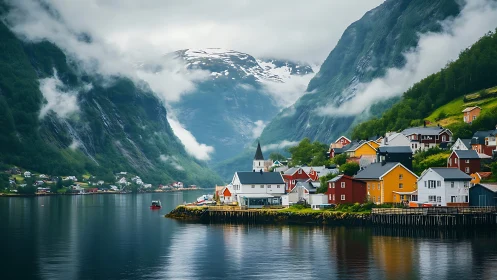 Colorful fjord village rests beneath misty Nordic peaks.