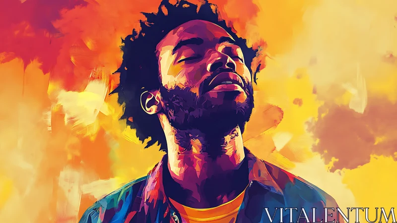 Vibrant digital portrait shows man in serene upward gaze