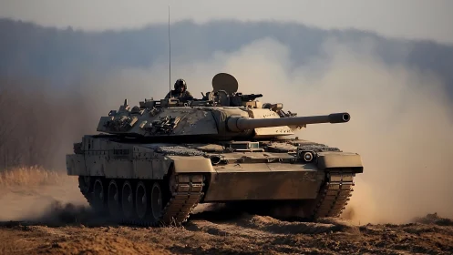 Main battle tank advancing through dusty training range terrain