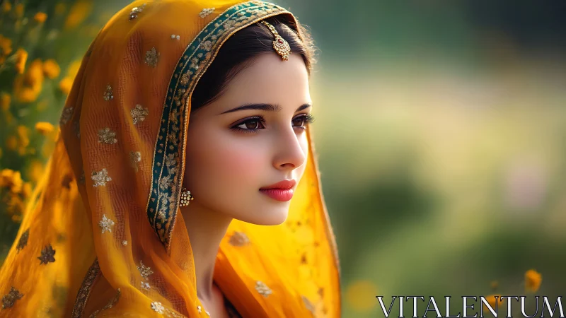 Elegant woman in traditional yellow saree, portrait with soft focus.