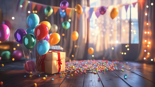 Colorful Celebration: Gift and Balloons Brighten the Day.