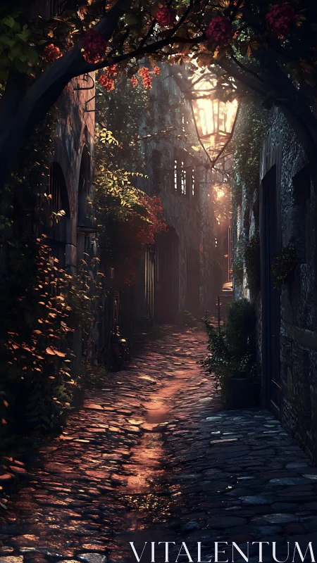 Golden dusk light transforms ivy alley into glowing passage.
