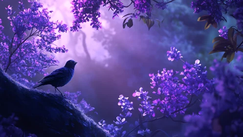 Songbird rests in a luminous purple twilight grove