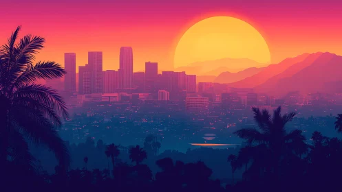 Neon gradient sunset over stylized city skyline with palm silhouettes