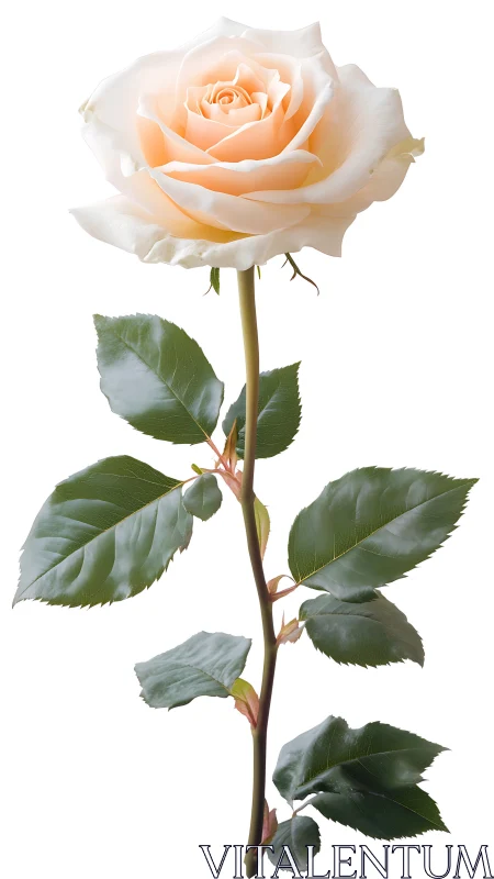 Single cream-colored rose stem on white background.