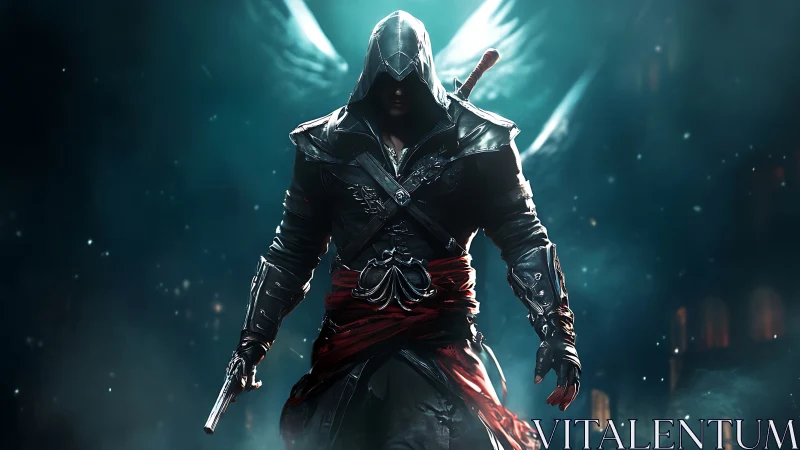 Hooded rogue strides from glowing mist with spectral wings.