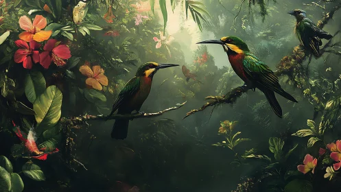 Digital rainforest birds amid lush tropical blossoms.