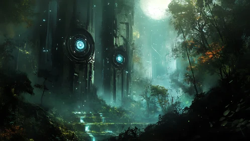 Cyberpunk monoliths in luminous overgrown forest ruins.
