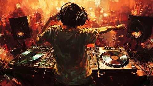 DJ controls vibrant city rooftop set in blazing neon light