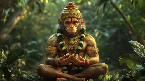 Gentle monkey sage in golden garlands resting in jungle calm.