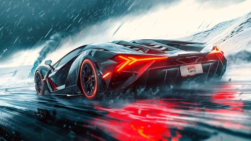 Futuristic black supercar racing on wet icy mountain road.