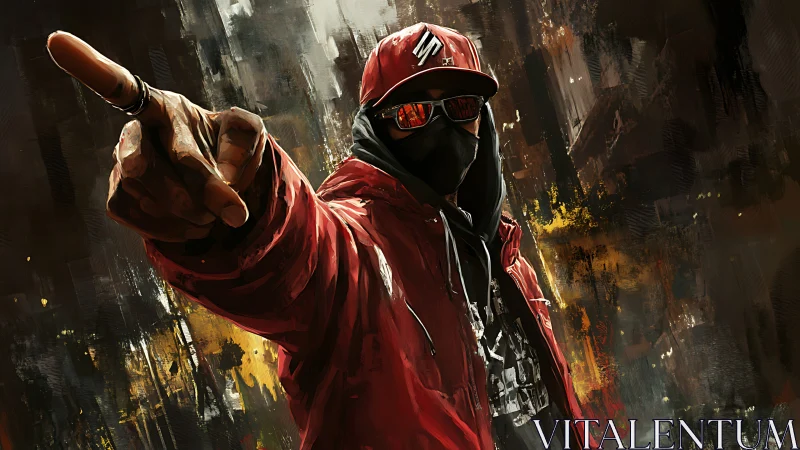 Urban street figure in red jacket points with bold attitude.