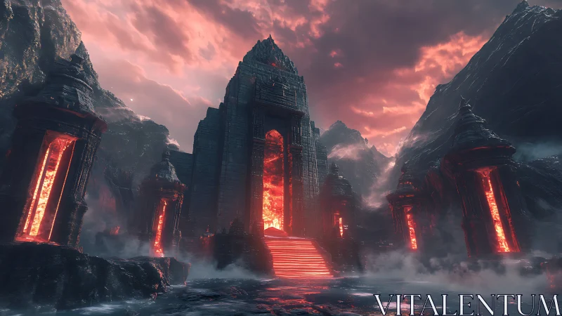 Lava-lit stone temple in a dark volcanic mountain landscape.